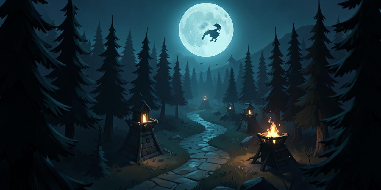Månbelyst skog med försvarstorn i SNX Tower Defense